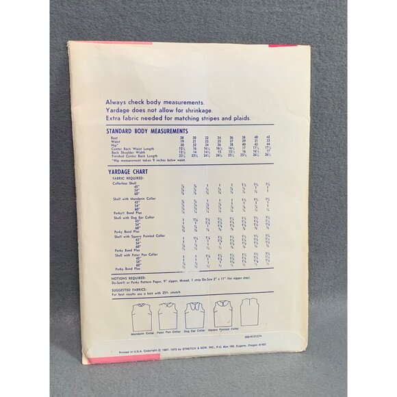 Vintage Stretch & Sew Pattern #350 Shell Blouse 28-42 Bust Sizes & 4 Collar Vari - Picture 3 of 3